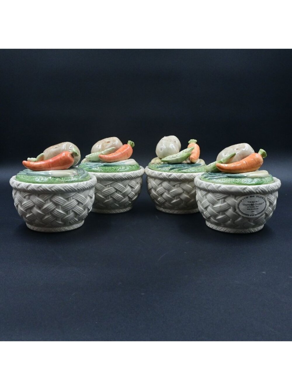 Fitz & Floyd Vegetable Souper Lidded Bowls Basket Weave Soup Tureens Set of 4